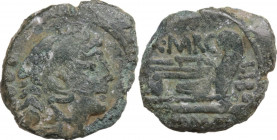 Q. Marcius Libo. AE Quadrans, 148 BC. Obv. Head of Hercules right; behind, three pellets. Rev. Q. MARC. Prow right; before, LIBO; below, ROMA. Cr. 215...