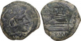 C. Terentius Lucanus. AE Quadrans, 147 BC. Obv. Head of Hercules right, wearing lion’s skin; behind, three pellets. Rev. Prow right; above, Victory fl...