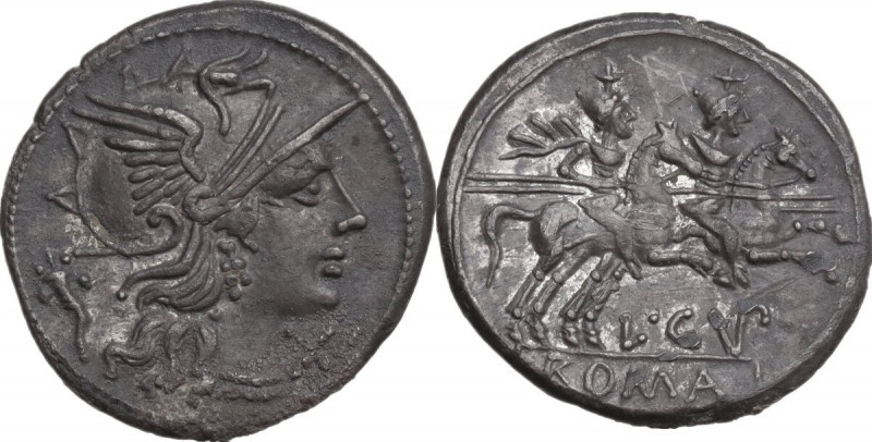 L. Cupiennius. AR Denarius, 147 BC. Obv. Helmeted head of Roma right; below chin...