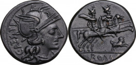 C. Antestius. AR Denarius, 146 BC. Obv. Helmeted head of Roma right; behind, C. ANTESTI (ANTE ligate); below chin, X. Rev. The Dioscuri galloping righ...