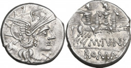 M. Iunius Silanus. AR Denarius, 145 BC. Obv. Helmeted head of Roma right; below chin, X; behind, ass's head. Rev. The Dioscuri galloping right; below ...