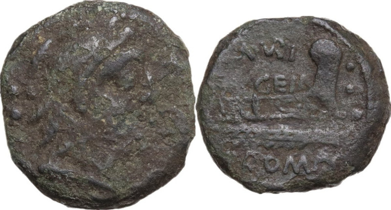 C. Aburius Geminus. AE Quadrans, 134 BC. Obv. Head of Hercules right; behind, th...