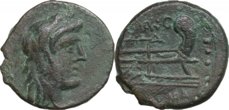 M. Vargunteius. AE Quadrans, 130 BC. Obv. Head of Hercules right; behind, three ...