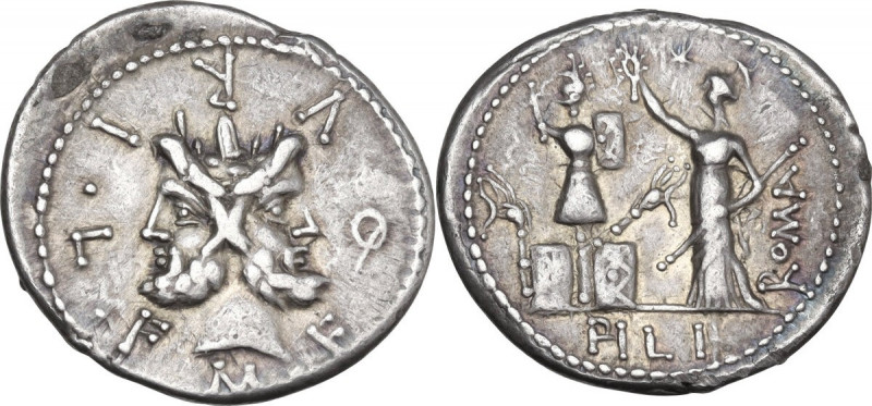 M. Furius L.f. Philus. AR Denarius, 119 BC. Obv. M. FOVRI. L. F. Laureate head o...