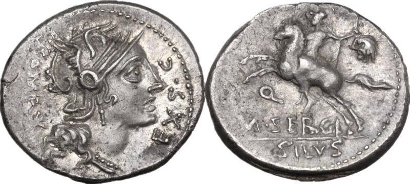 M. Sergius Silus. AR Denarius, 116 or 115 BC. Obv: Rev: H Cr. 286/1; B. (Sergia)...