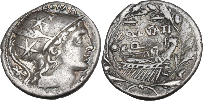 Q. Lutatius Cerco. AR Denarius, 109-108 BC. Obv. Head of Roma right, wearing hel...