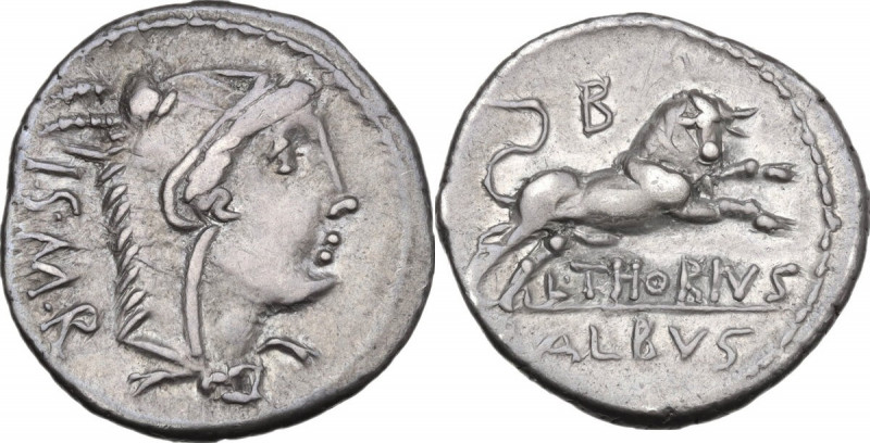 L. Thorius Balbus. AR Denarius, 105 BC. Obv. Head of Juno Sospita right, wearing...