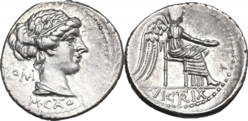 M. Cato. AR Denarius, 89 BC. Obv. Diademed and draped female bust right; behind,...