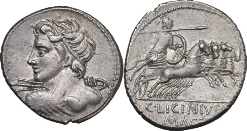 C. Licinius L.f. Macer. AR Denarius, 84 BC. Obv. Diademed and draped bust of Vej...