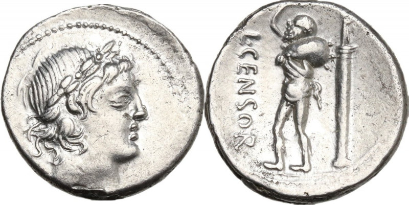 L. Censorinus. AR Denarius, 82 BC. Obv. Laureate head of Apollo right. Rev. L. C...