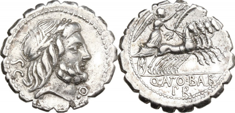 Q. Antonius Balbus. AR Denarius serratus, 83-82 BC. Obv. Laureate head of Jupite...