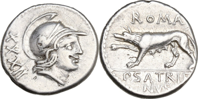 P. Satrienus. AR Denarius, Rome mint, 77 BC. Obv. Helmeted head of Roma right; o...