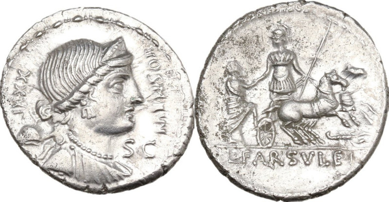 L. Farsuleius Mensor. AR Denarius, 75 BC. Obv. Diademed and draped bust of Liber...