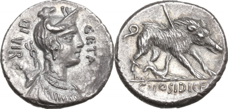 C. Hosidius C.f. Geta. AR Denarius, 68 BC. Obv. III VIR-GETA. Diademed and drape...