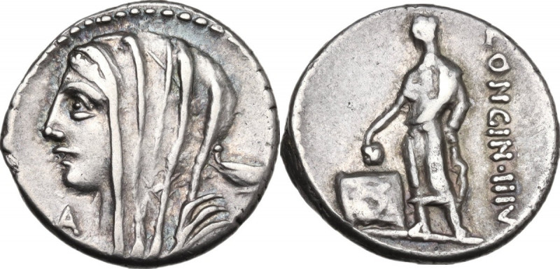 L. Cassius Longinus. AR Denarius, 63 BC. Obv. Veiled and draped bust of Vesta le...