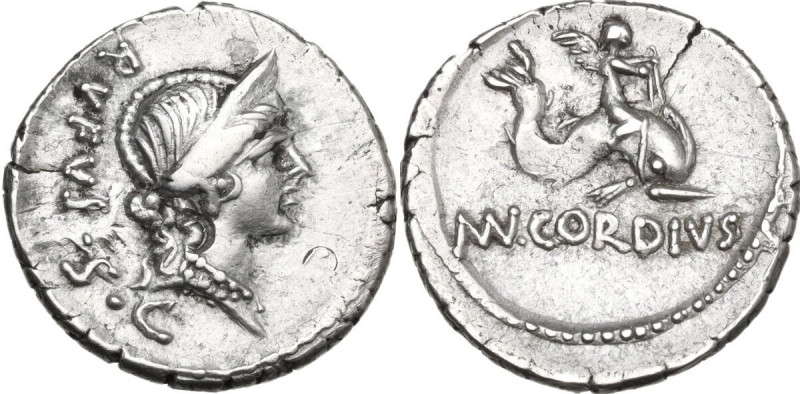 Mn. Cordius Rufus. AR Denarius, 46 BC. Obv. Diademed head of Venus right; behind...