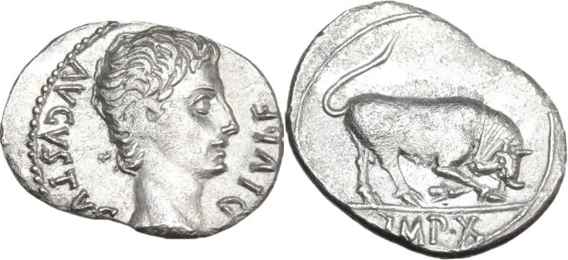 Augustus (27 BC - 14 AD). AR Denarius, Lugdunum mint, 15 BC. Obv. AVGVSTVS DIVI ...