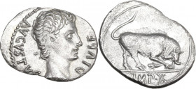 Augustus (27 BC - 14 AD). AR Denarius, Lugdunum mint, 15 BC. Obv. AVGVSTVS DIVI F. Bare head right. Rev. Bull butting right; in exergue, IMP•X. RIC I ...
