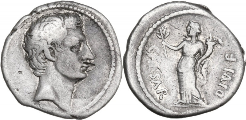 Augustus (27 BC-14 AD). AR Denarius, c. 32-29 BC. Obv. Bare head right. Rev. CAE...