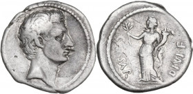 Augustus (27 BC-14 AD). AR Denarius, c. 32-29 BC. Obv. Bare head right. Rev. CAESAR DIVI F. Pax standing left, holding olive-branch and cornucopiae. R...