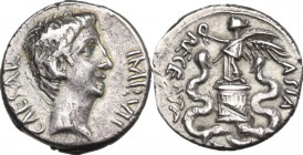 Augustus (27 BC - 14 AD). AR Quinarius, uncertain mint in Asia Minor, 29-26 BC. Obv. CAESAR IMP VII. Bare head right. Rev. ASIA RECEPTA. Victory stand...