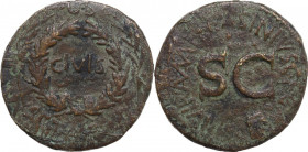 August (27 BC-14 AD). AE Sestertius, Rome mint, C. Asinius Gallus moneyer. Obv. OB/CIVIS/SERVATOS. Oak wreath flanked by laurel branches. Rev. C. ASIN...