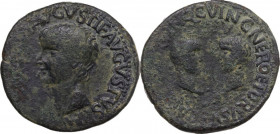 Tiberius (14-37). AE As with Nero and Drusus Caesars, Spain, Carthago Nova mint, 23-29. Obv. Head left. Rev. Heads of Nero and Drusus Caesares facing ...