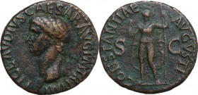 Claudius (41-54). AE As, Rome mint. Obv. TI CLAVDIVS CAESAR AVG PM TR P IMP. Bare head left. Rev. CONSTANTIAE AVGVSTI SC. Constantia standing left, ho...