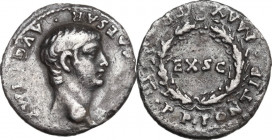 Nero (54-68). AR Denarius, c. 56-57 AD. Obv. NERO CAESAR AVG IMP. Bare head right. Rev. PONTIF MAX TR P III PP around oak wreath enclosing EX S C. RIC...