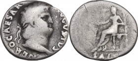 Nero (54-68). AR Denarius, 64-65 AD. Obv. NERO CAESAR AVGVSTVS. Laureate head right. Rev. SAL[VS] Salus seated left on throne, holding patera. RIC I (...