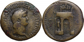 Nero (54-68). AE Sestertius, Rome mint. Obv. NERO CLAVD CAESAR AVG GERM PM TR P IMP PP. Laureate head right. Rev. SC. Triumph arch. RIC I (2nd ed.) 14...