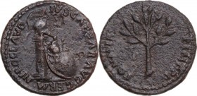 Nero (54-68). AE Quadrans, Rome mint, 62 AD. Obv. NERO CLAVDIVS CAESAR AVG GERM. Column, upon which rests a crested helmet: spear behind, round shield...