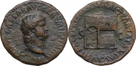Nero (54-68). AE Sestertius, Rome mint, 65 AD. Obv. NERO CLAVD CAESAR AVG GER P M TR P IMP P P. Laureate bust right. Rev. PACE P R TERRA MARIQ PARTA I...