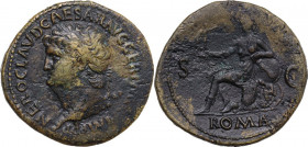 Nero (54-68). AE Sestertius. Obv. NERO CLAVD CAESAR AVG GER PM TR P IMP PP. Laureate head left. Rev. ROMA SC. Roma seated left, holding Victory and pa...
