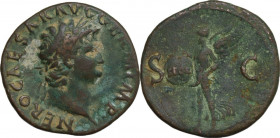 Nero (54-68). AE As, 65 AD. Obv. NERO CAESAR AVG GERM IMP. Laureate head right. Rev. SC. Victory flying left, holding shield inscribed SPQR. RIC I (2n...