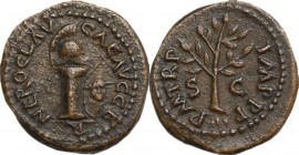 Nero (54-68). AE Quadrans, 65 AD. Obv. NERO CLAV CAE AVG GER. Helmet on column; on right, round shield bearing gorgoneion; behind, spear. Rev. PM TR P...