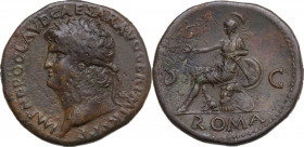Nero (54-68). AE Sestertius. Obv. IMP NERO CLAVD CAESAR AVG GER PM TR P PP. Laureate head left. Rev. ROMA SC. Roma seated left, holding Victory and pa...