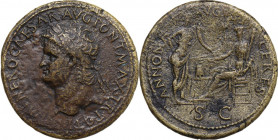 Nero (54-68). AE Sestertius. Lugdunum mint, c. 65 AD. Obv. NERO CLAVD CAESAR AVG GER PM TR P IMP PP. Laureate bust left, globe at point of bust. Rev. ...