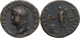 Nero (54-68). AE As, Lugdunum mint, c. 66 AD. Obv. IMP NERO CAESAR AVG P MAX TR P P P. Bare head left, with globe at point of bust. Rev. GENIO - AVGVS...