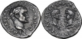 Vespasian (69-79) with Titus and Domitian. AR Denarius, 69-71 AD. Obv. IMP CAESAR VESPASIANVS AVG. Laureate head right. Rev. CAESAR AVG F COS CAESAR A...