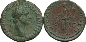 Domitian (81-96). AE As, 90-91 AD. Obv. IMP CAES DOMIT AVG GERM COS XV CENS PER P P. Laureate head right. Rev. MONETA AVGVSTI SC. Moneta standing left...