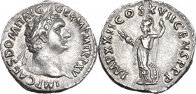 Domitian (81-96). AR Denarius, 92 AD. Obv. IMP CAES DOMIT AVG GERM PM TR P XV. Laureate head right. Rev. IMP XXII COS XVII CENS PPP. Minerva standing ...