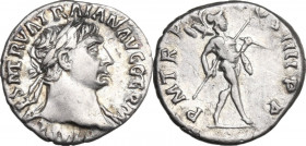 Trajan (98-117). AR Denarius, 101-102. Obv. IMP CAES NERVA TRAIAN AVG GERM. Laureate bust right, slight drapery on far shoulder. Rev. PM TR P COS IIII...