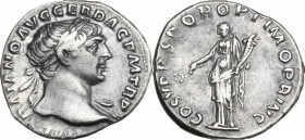 Trajan (98-117). AR Denarius, struck c. 107-111 AD. Obv. IMP TRAIANO AVG GER DAC PM TR P. Laureate bust right, slight drapery on left shoulder. Rev. C...