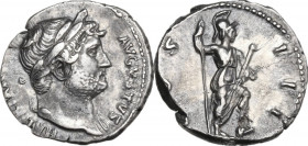 Hadrian (117-138). AR Denarius. Struck c. 125-126 AD. Obv. HADRIANVS AVGVSTVS. Laureate head right, slight drapery on shoulder. Rev. COS III. Virtus s...