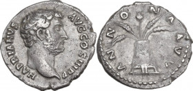 Hadrian (117-138). AR Denarius, 134-138 AD. Obv. HADRIANVS AVG COS III PP. Bare head right. Rev. ANNONA AVG. Modius with four grain ears and poppy. RI...