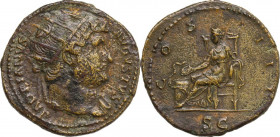 Hadrian (117-138). AE Dupondius, 125-128 AD. Obv. HADRIANVS AVGVSTVS. Radiate head right. Rev. COS III SC. Salus seated left, feeding snake coiled rou...