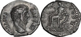 Aelius (Caesar 136-138). AR Denarius, Rome mint. Obv. L AELIVS CAESAR. Bare head right. Rev. TR POT COS II CONCORD. Concordia seated left, holding pat...