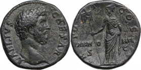 Aelius (Caesar 136-138). AE Sestertius, struck under Hadrian, 137 AD. Obv. L AELIVS CAESAR. Bare head right. Rev. TR POT COS II PANNO-NIA SC. Pannonia...