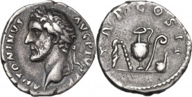 Antoninus Pius (138-161). AR Denarius. Obv. ANTONINVS AVG PIVS PP. Laureate head left. Rev. TR P COS II. Emblems of the pontificate: aspergillum, capi...